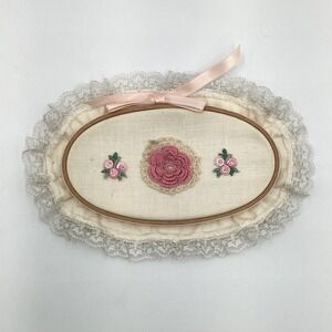 Vintage Oval Hoop Art Embroidery Pink Roses Lace Ribbon Cottagecore Decor